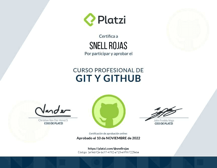 Professional Git and GitHub certificate issued to Snell Rojas