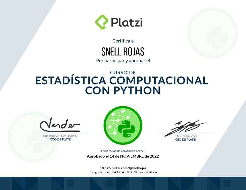 Platzi certificate for Computational Statistics with Python, issued to Snell Rojas in November 2022