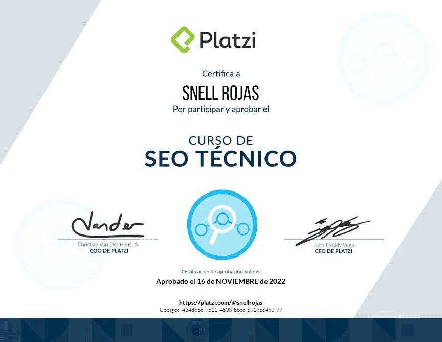 Platzi certificate for the Technical SEO course, issued to Snell Rojas in November 2022