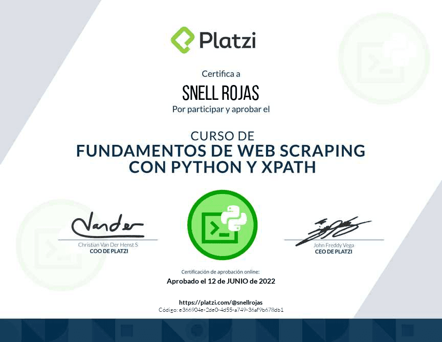 Web scraping certificate issued to Snell Rojas