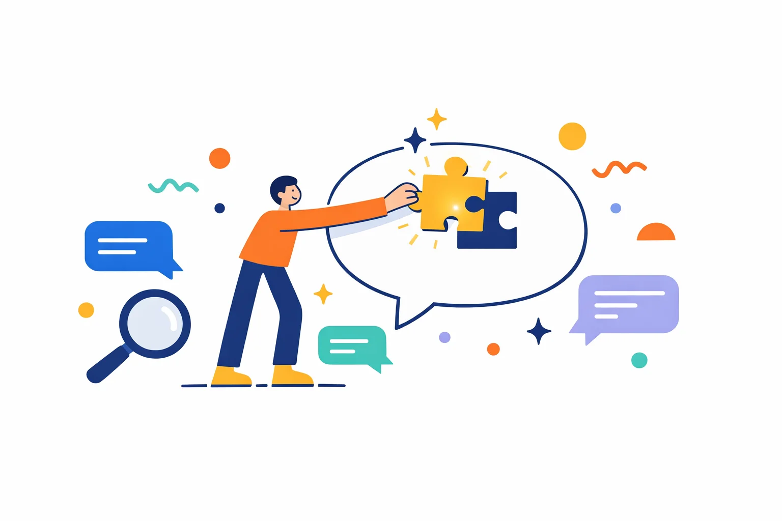 Illustration of a person placing a glowing puzzle piece into a big speech bubble, surrounded by chat bubbles, a magnifying glass and sparkles.