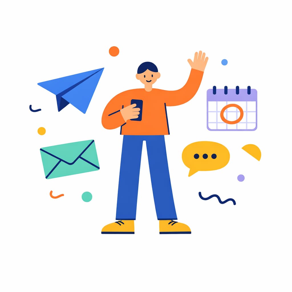 Illustration of a person waving hello while holding a phone, next to a paper plane, an envelope, a calendar and a chat bubble.
