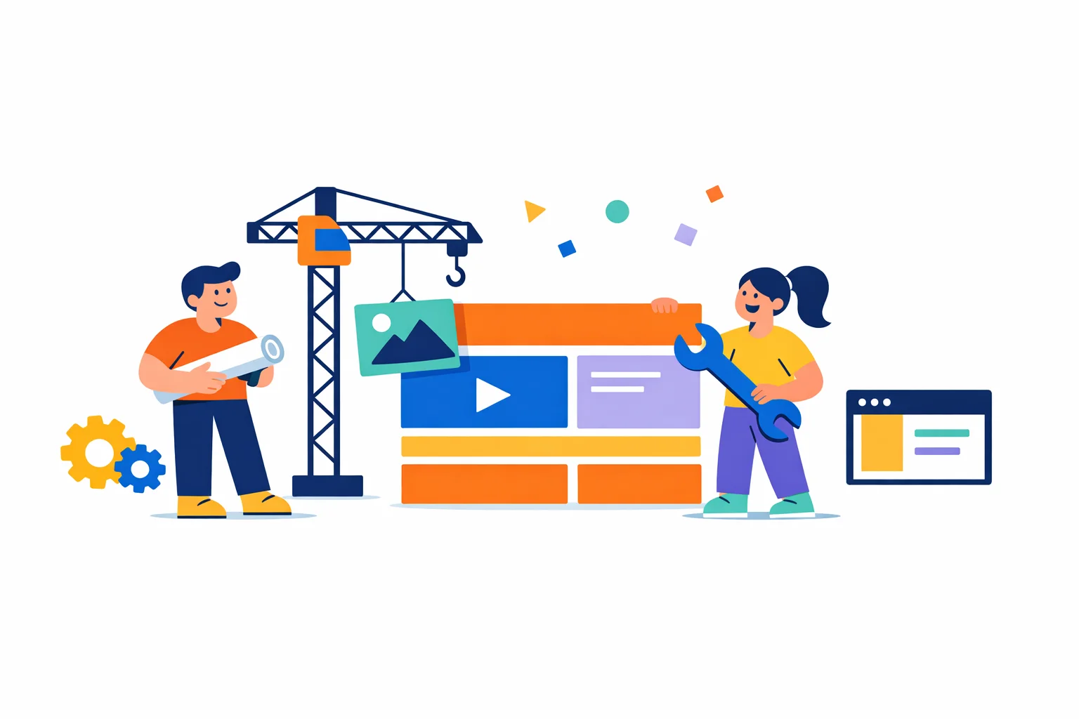 Illustration of two people building a website out of colorful blocks with a crane, one holding blueprints and the other a wrench, with gears and a code window shape nearby.