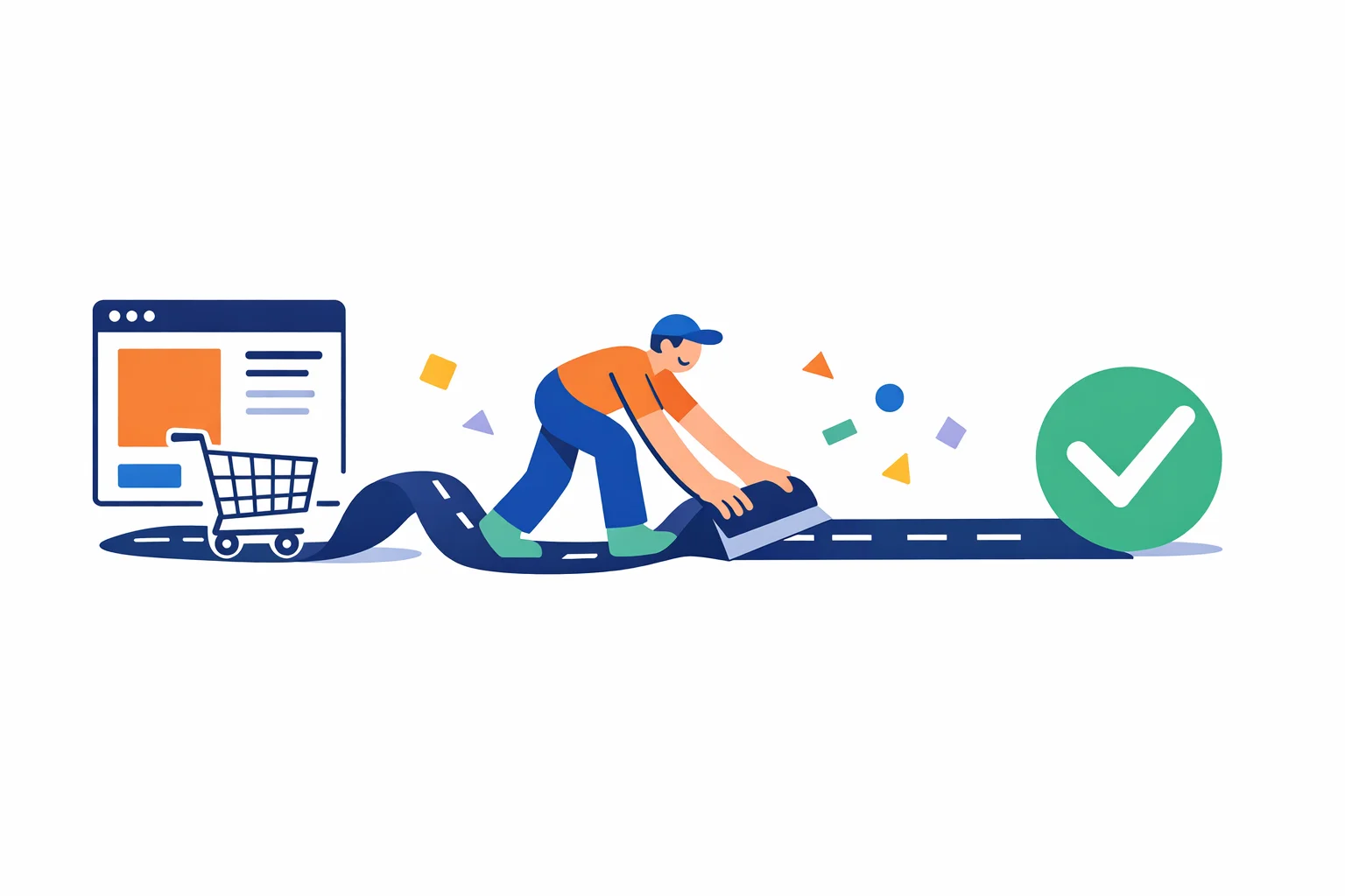 Illustration of a person smoothing a winding path into a straight road that leads a shopping cart from a product page window to a big check mark.