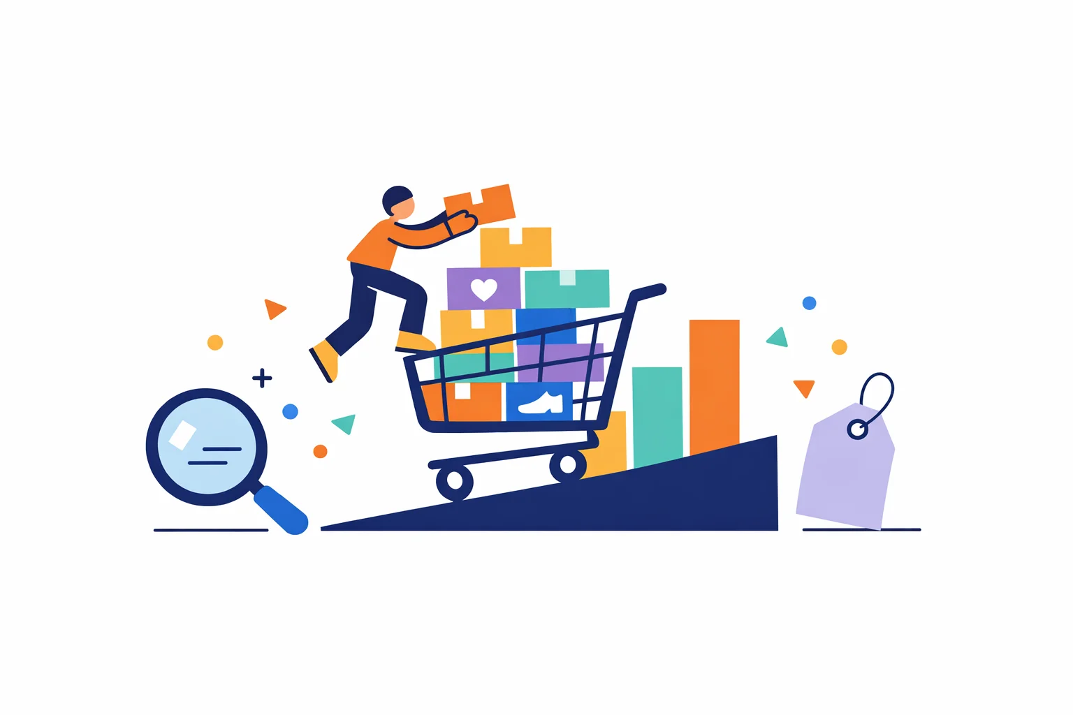 Illustration of a person stacking product boxes on a big shopping cart that rolls up a rising bar chart, with a magnifying glass and price tag nearby.