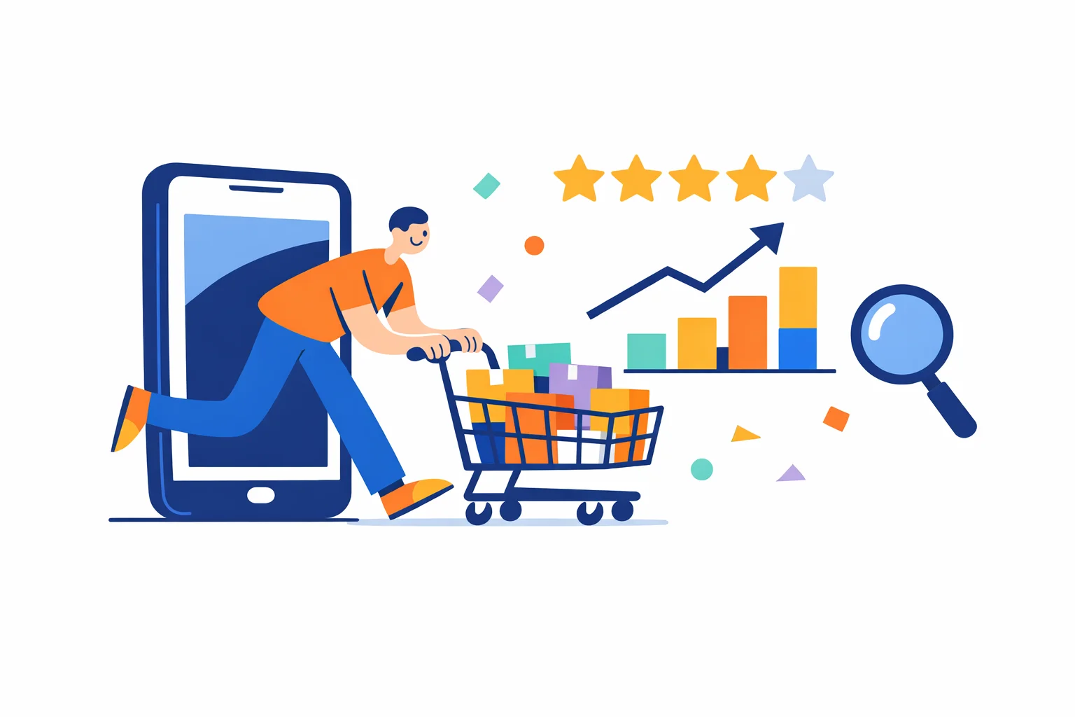 Illustration of a person pushing a shopping cart full of product boxes out of a big phone screen, with a rising chart, a star rating and a magnifying glass around them.