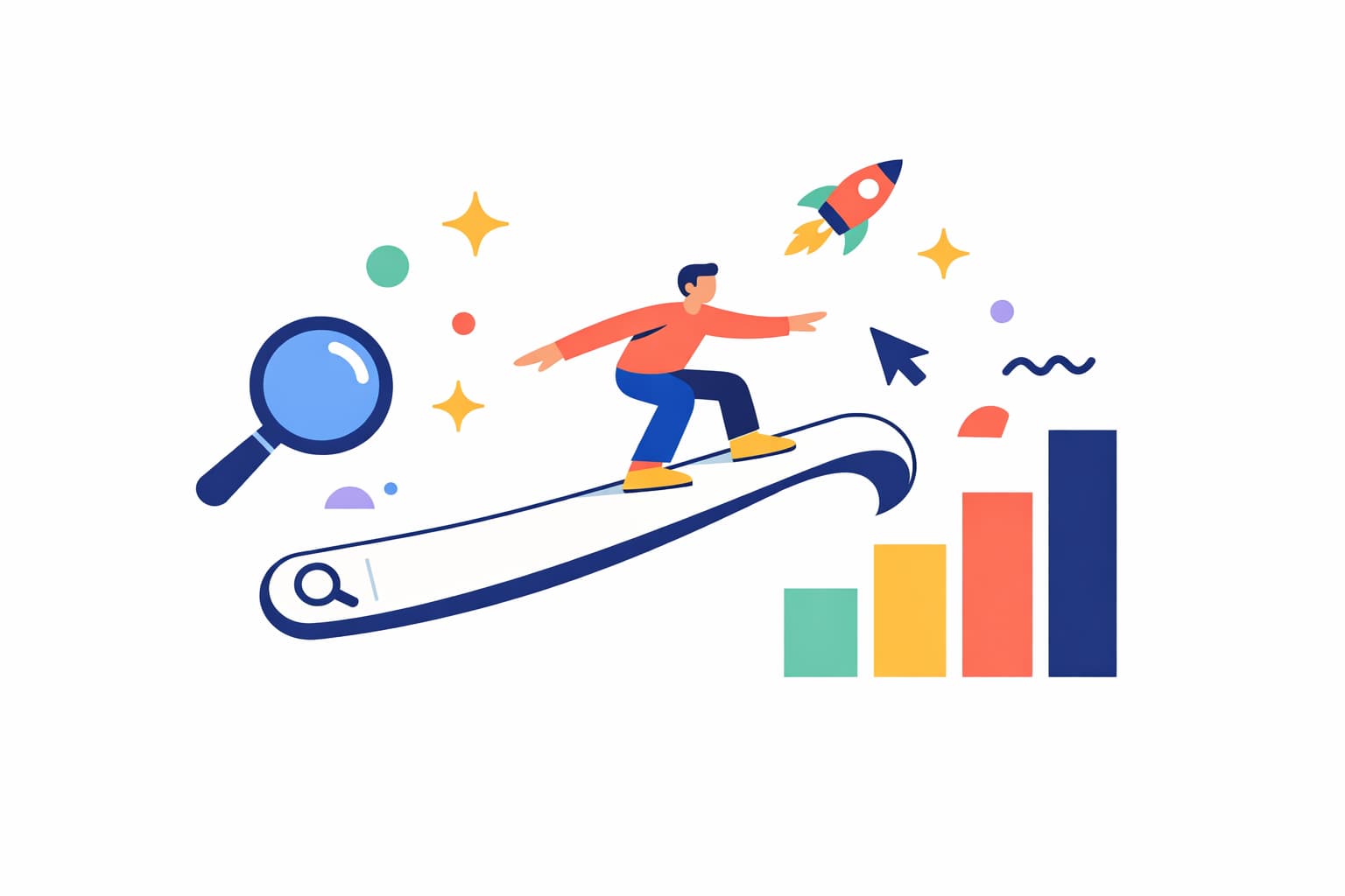 Illustration of a person surfing up a search bar toward a rising bar chart, with a rocket and stars overhead.