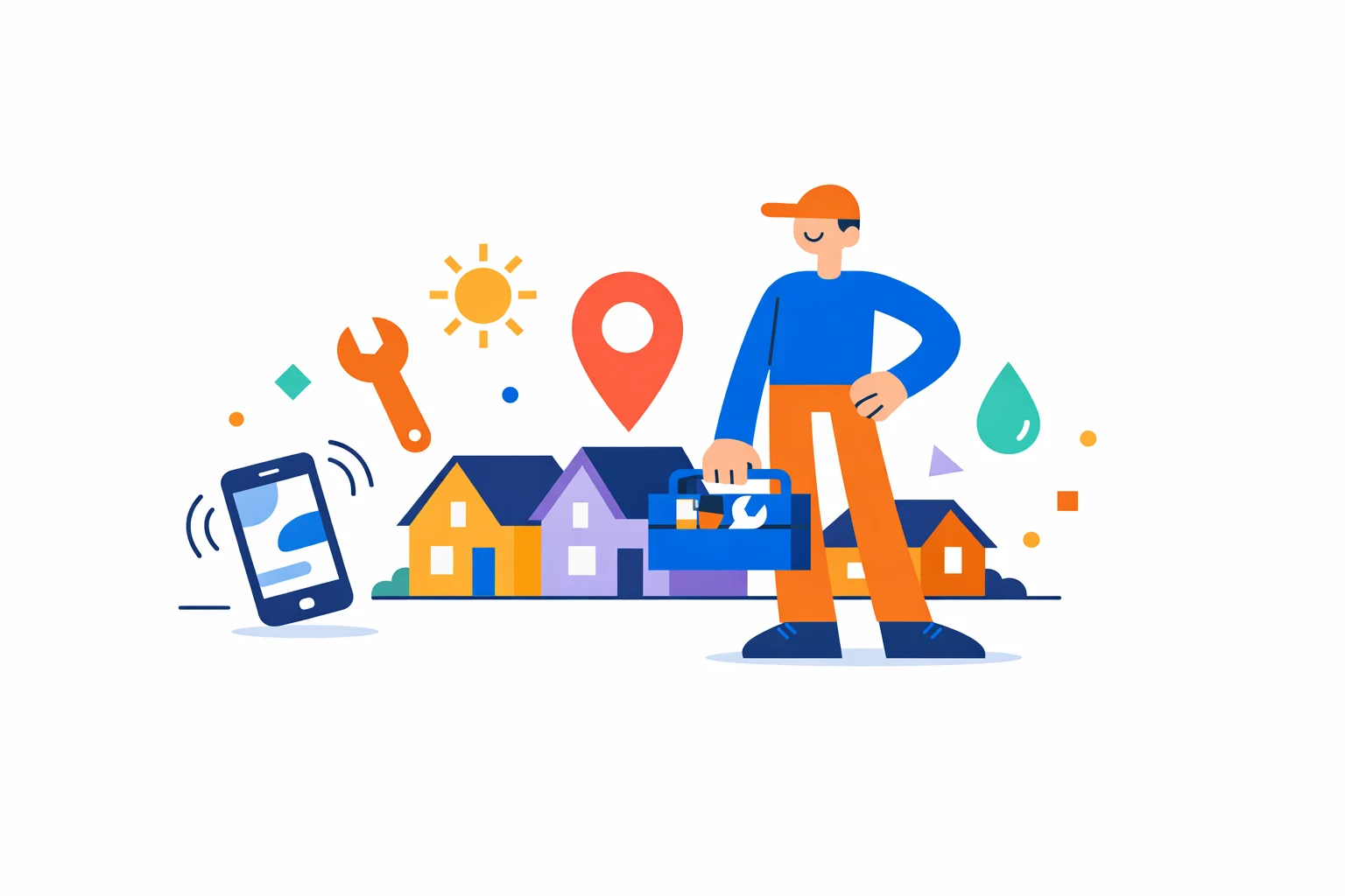Illustration of a person with a toolbox standing in front of a row of small houses with a map pin, a phone ringing and a wrench, sun and water drop icons nearby.