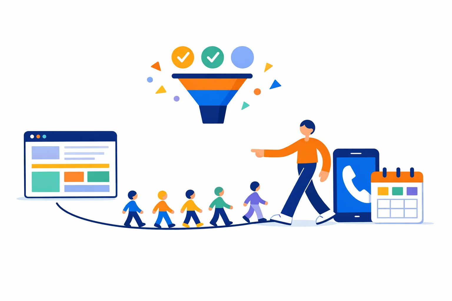 Illustration of a person guiding a line of small figures along a path from a website window to a phone and a calendar, with a funnel and check marks above.