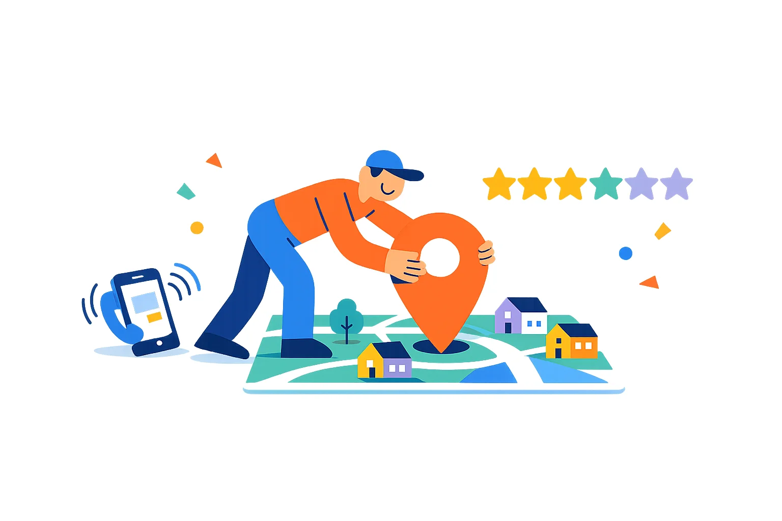 Illustration of a person pinning a big map marker onto a simple town map with small houses, a phone ringing and review stars nearby.