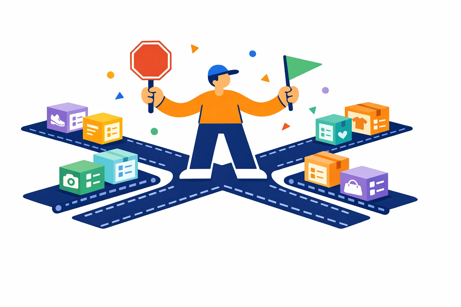 Illustration of a person directing traffic at a crossroads of many small product boxes on conveyor belts, holding a stop sign and a green flag.