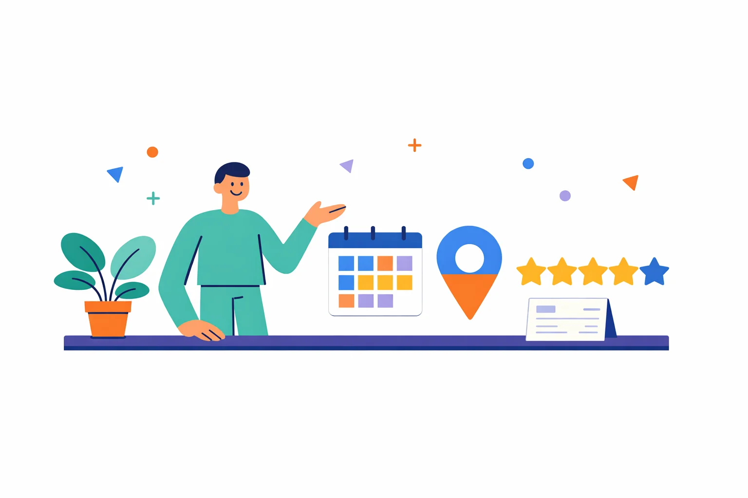 Illustration of a person at a calm reception desk with a calendar, a map pin and review stars, next to a plant and a simple appointment card.