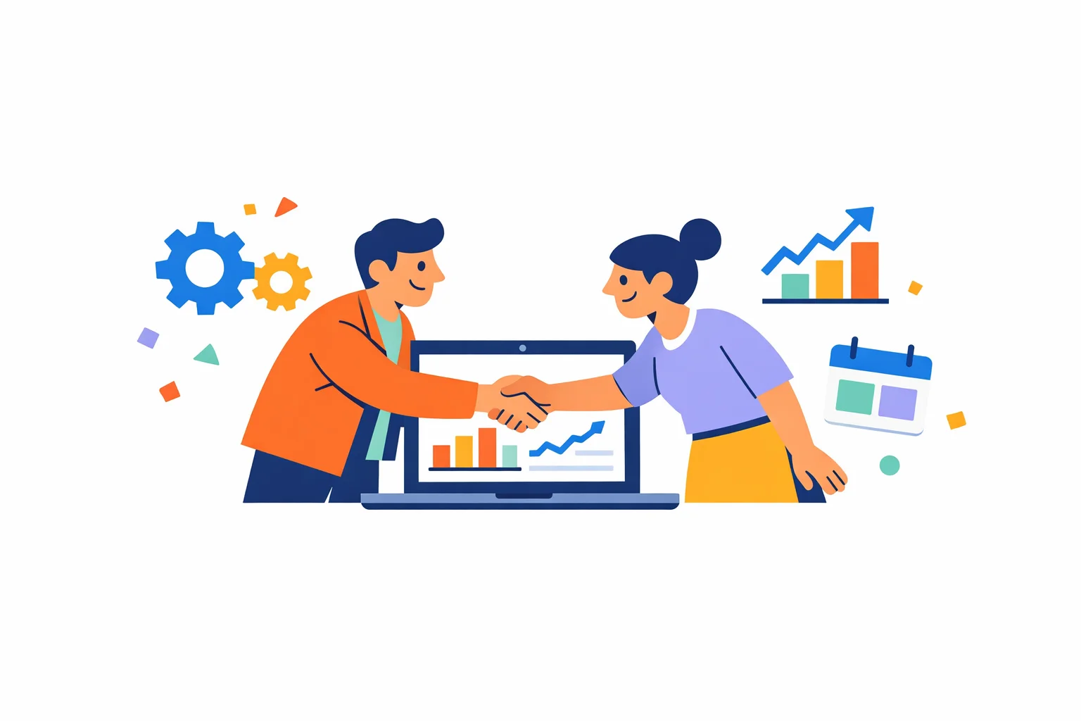Illustration of two people shaking hands across a laptop showing a simple dashboard, with gears, a growth chart and a calendar invite floating around them.