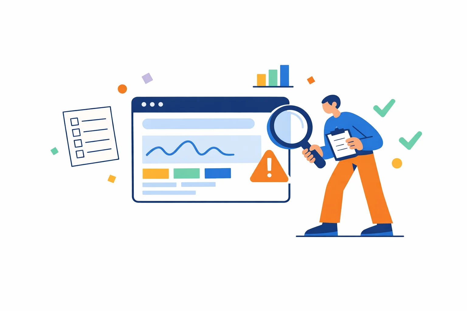 Illustration of a person with a clipboard checking a big website window through a magnifying glass, with a checklist, a chart and warning and check marks around it.