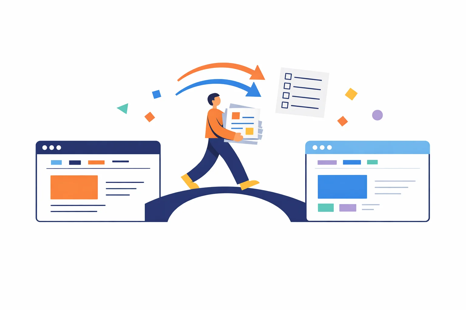 Illustration of a person carrying a stack of pages across a bridge from an old website window to a new one, with arrows and a checklist floating above.