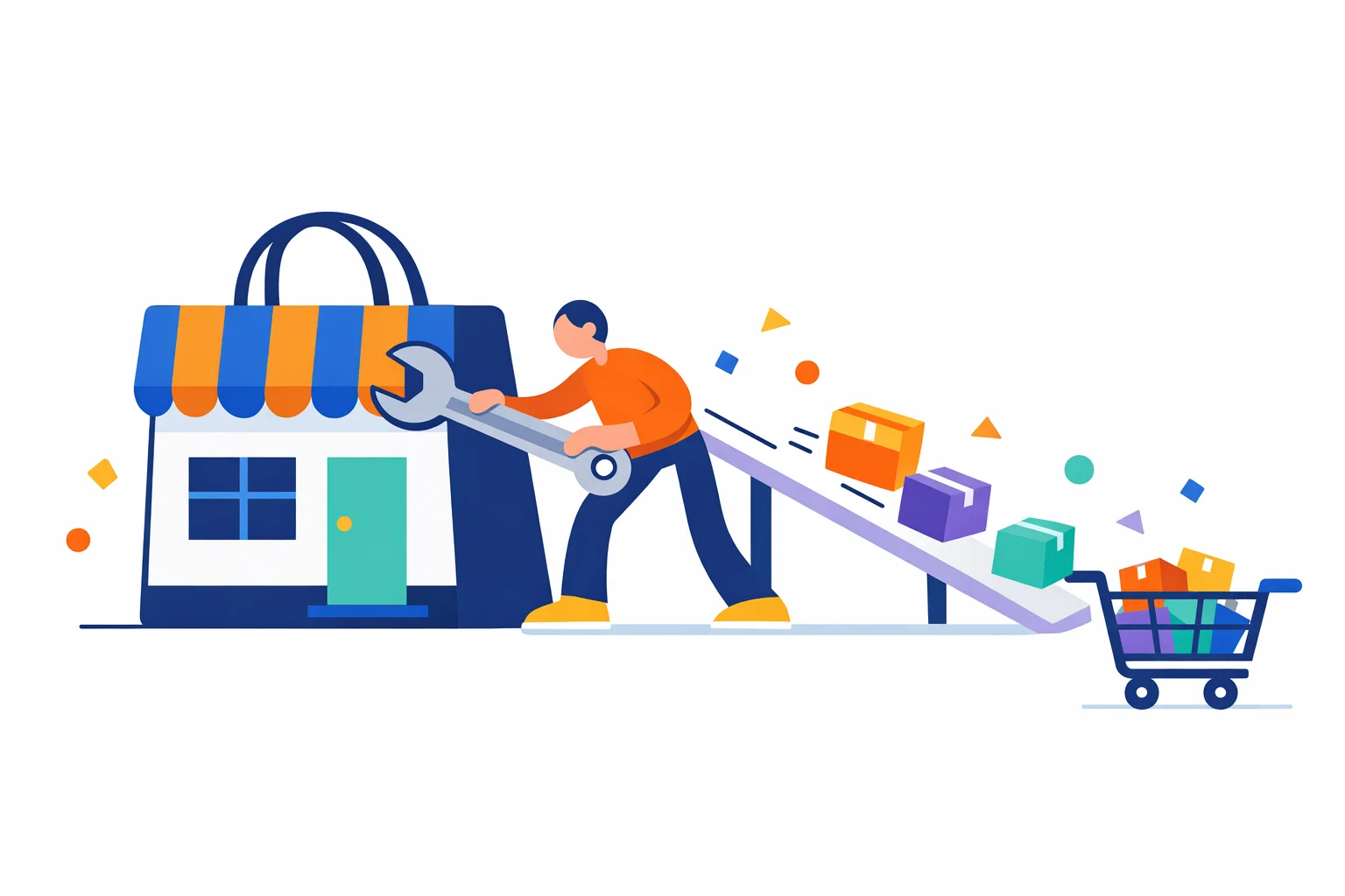 Illustration of a person tuning a big shopping bag shaped like a storefront with a wrench, while product boxes slide down a ramp into a cart.