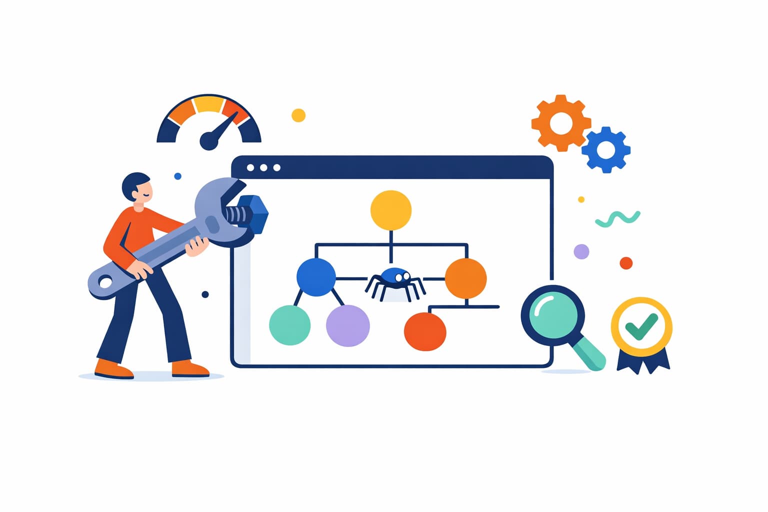 Illustration of a person tightening a bolt on a big browser window with a giant wrench, while a small robot spider crawls a map of connected pages inside it.