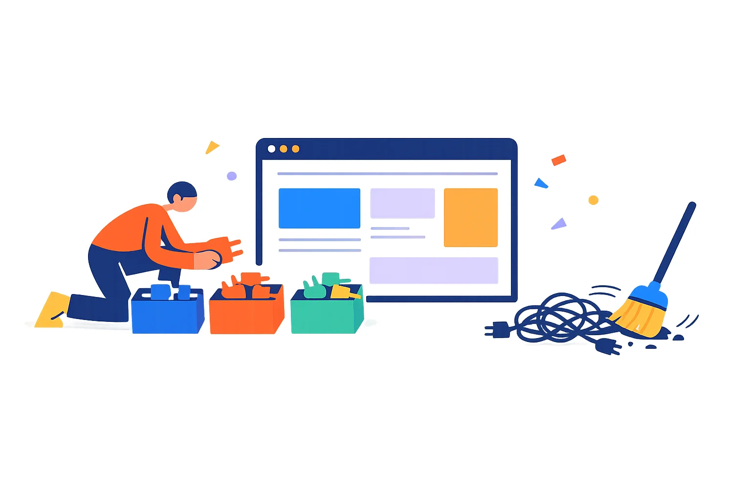 Illustration of a person sorting colorful plug-shaped blocks into neat boxes next to a big website window, with a broom sweeping away tangled cables.