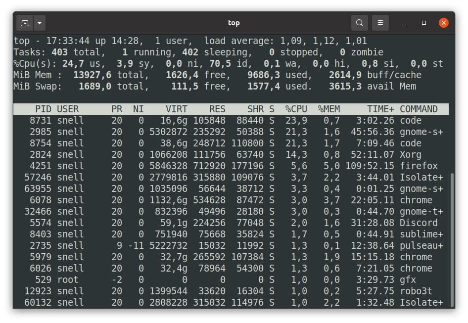 Terminal showing the output of the top command: system load, memory use and a list of processes with their PID, user, CPU and memory use, including code, Xorg, firefox, chrome and Discord.