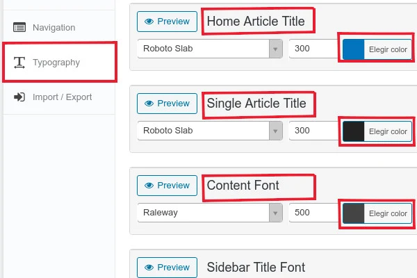 Schema theme options, Typography tab, with font family, weight and a color picker for Home Article Title, Single Article Title and Content Font.