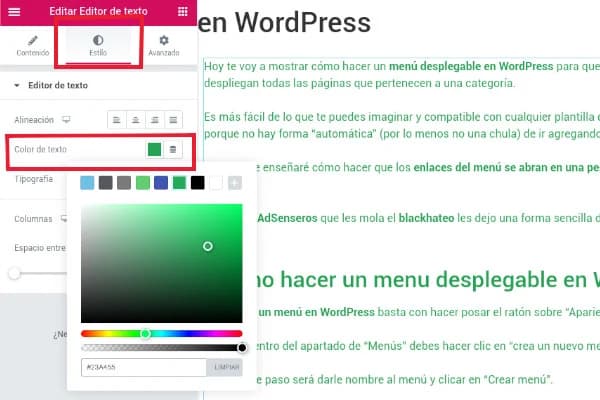 Elementor text editor panel in Spanish with the Style tab and the Text Color picker open, next to a post with green text.