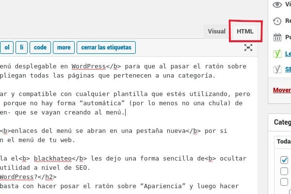 The classic WordPress editor with the HTML tab highlighted, showing a post's HTML in Spanish.