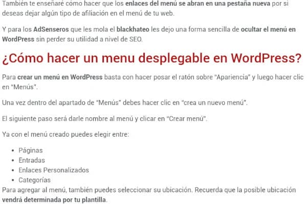 A post in Spanish with a dark red H2 heading between gray paragraphs.