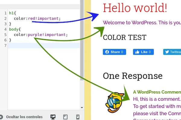 Additional CSS panel with the h1 and body color rules, and arrows pointing to a red Hello world! heading and purple body text on the default WordPress theme.