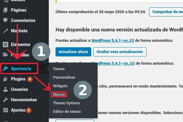 WordPress dashboard in Spanish: arrows point to Apariencia (Appearance) and then Menús (Menus) in the submenu.