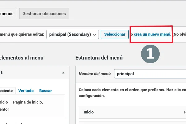 The Menus screen in Spanish with the link crea un nuevo menú (create a new menu) highlighted.