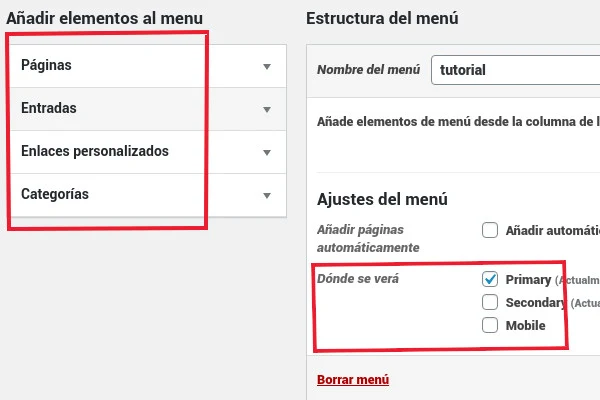 Add menu items panel in Spanish (Pages, Posts, Custom Links, Categories) and the Display location options Primary, Secondary and Mobile.