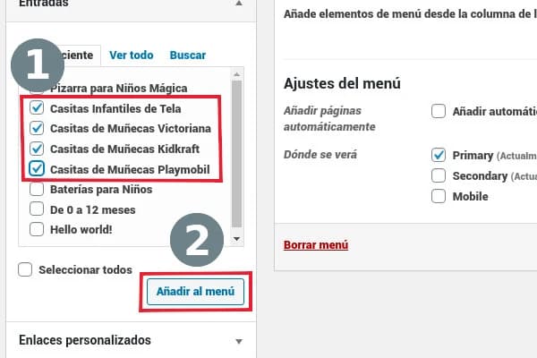 The Posts box in Spanish with four posts checked (1) and the Añadir al menú (Add to Menu) button (2).