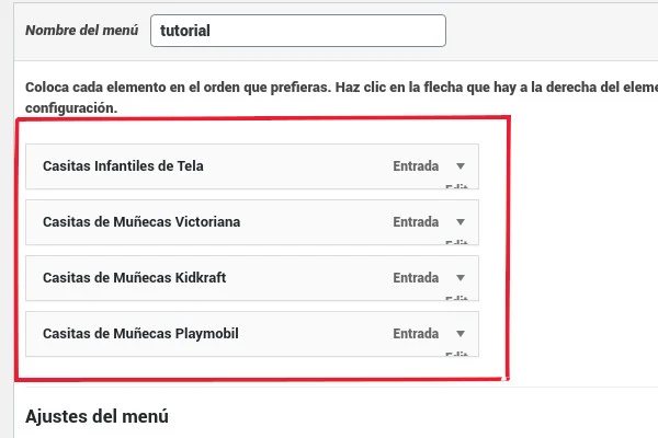 Menu structure in Spanish with four post items listed one under another.