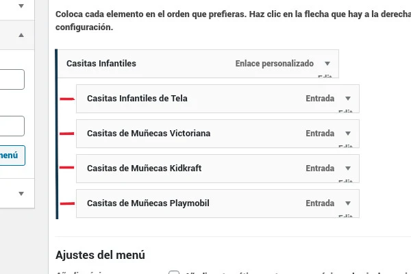 Menu structure in Spanish with the four posts indented under the custom link Casitas Infantiles.