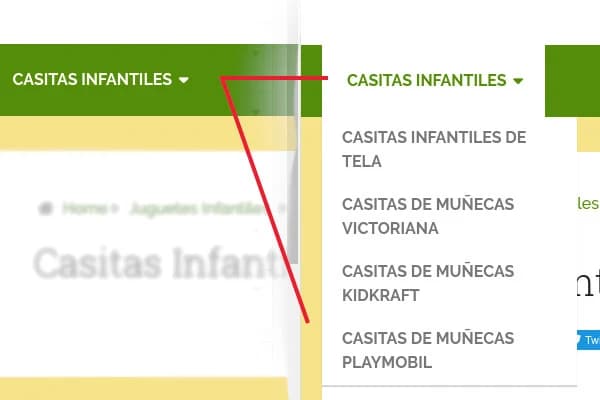 A live site menu: hovering over Casitas Infantiles opens a dropdown with the four doll house posts.