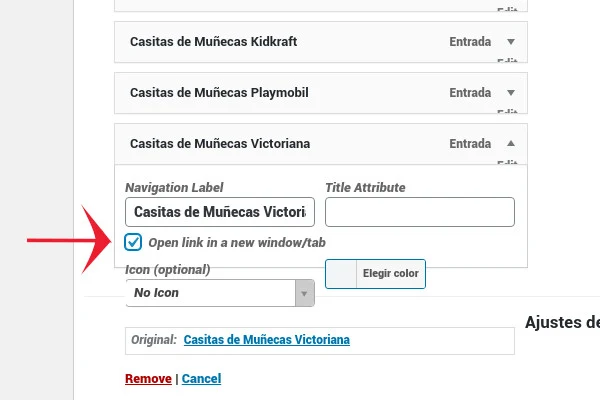 An expanded menu item with the Open link in a new window/tab checkbox checked.