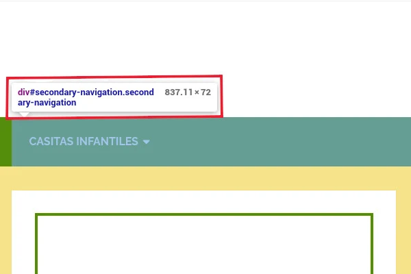 The browser inspector tooltip over the site menu, showing div#secondary-navigation.secondary-navigation.