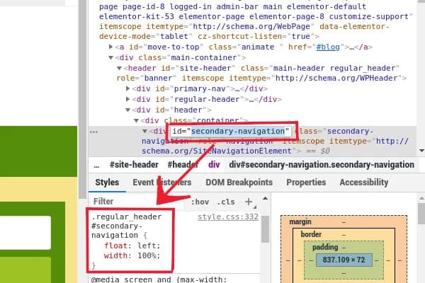 Browser DevTools Elements and Styles panels, with the secondary-navigation div and its .regular_header #secondary-navigation CSS rule highlighted.