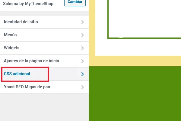 The WordPress Customizer menu in Spanish with CSS adicional (Additional CSS) highlighted.