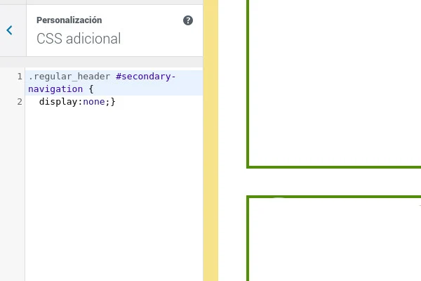 The Additional CSS box in Spanish with the rule .regular_header #secondary-navigation display:none.