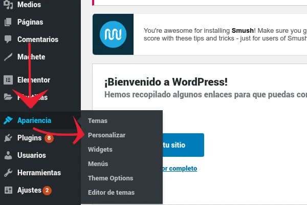 WordPress dashboard in Spanish: arrows point to Apariencia (Appearance) and then Personalizar (Customize).