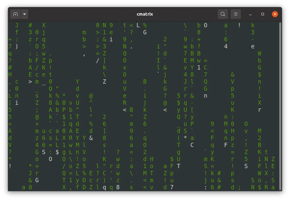 Terminal window running cmatrix: columns of green characters falling down a dark background, like the Matrix movie.