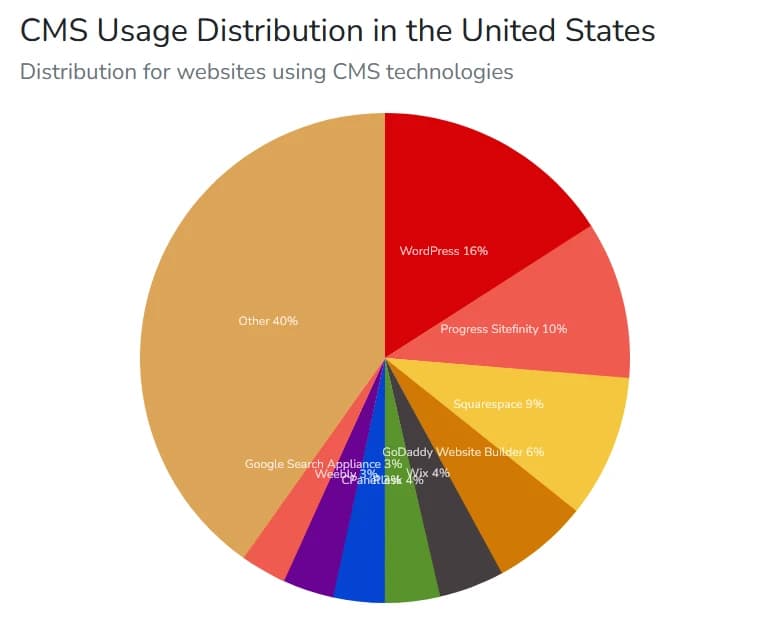 Pie chart of CMS usage in the United States: WordPress 16%, Progress Sitefinity 10%, Squarespace 9%, GoDaddy Website Builder 6%, Wix 4%, other 40%.